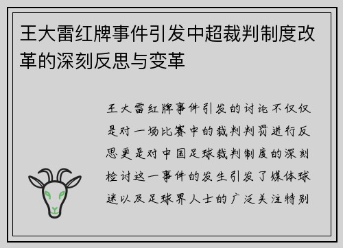 王大雷红牌事件引发中超裁判制度改革的深刻反思与变革